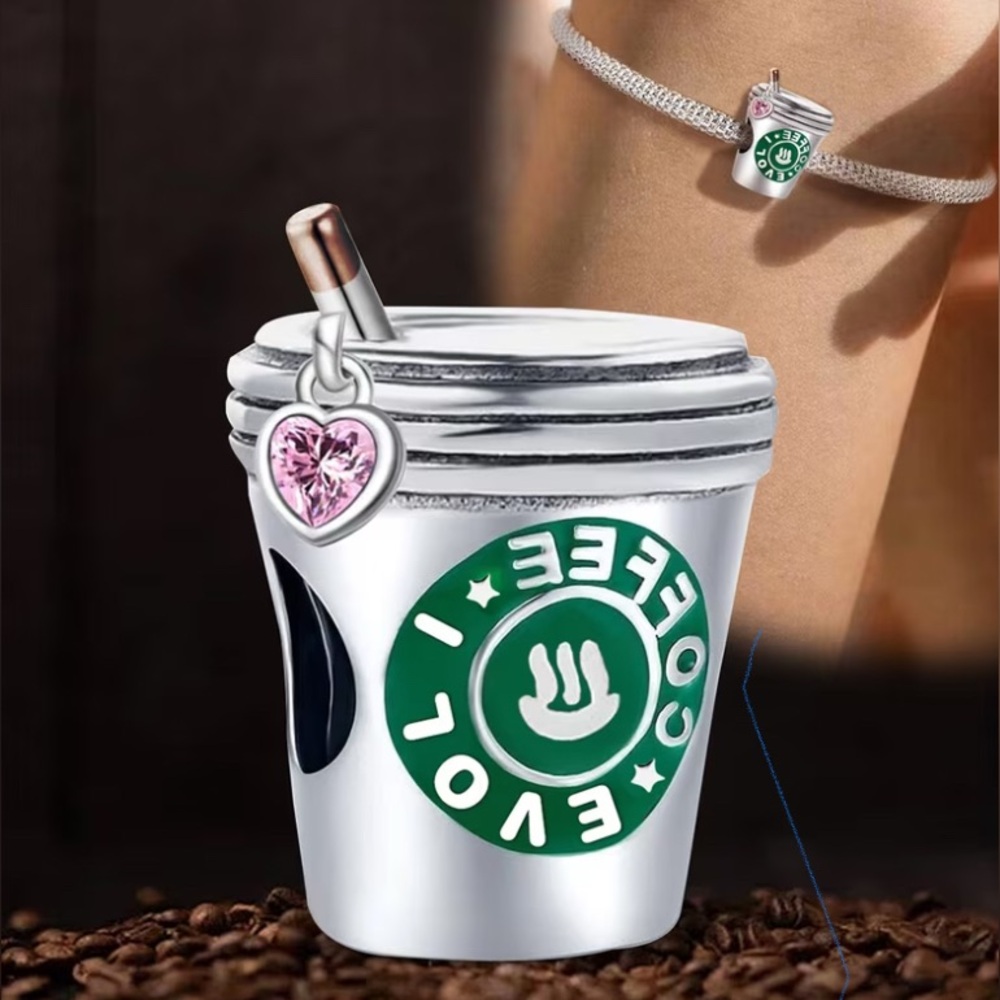 Sterling Silver Coffee Cup Charm with Straw & Pink Heart - Picture 6 of 7
